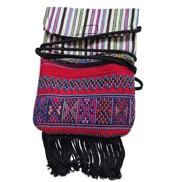 Woven Ethnic Crossbody Bag With Multicolor Stripes & Fringes - Picture 9 of 9